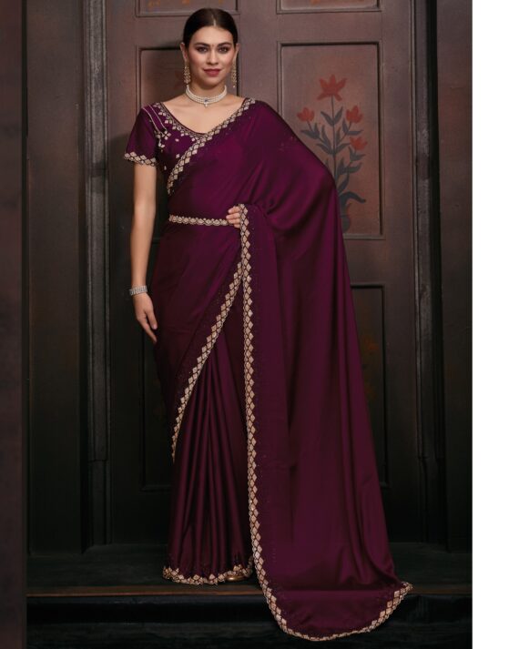 Wedding Wear Un-Stitched Pure Satin Georgette Bollywood Style Saree With Blouse