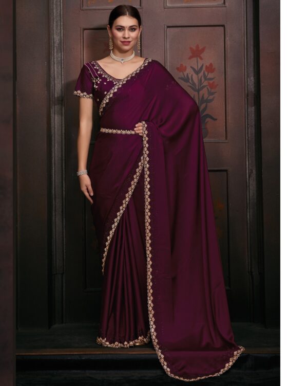 Wedding Wear Un-Stitched Pure Satin Georgette Bollywood Style Saree With Blouse