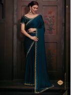 Wedding Wear Un-Stitched Pure Satin Georgette Bollywood Style Saree With Blouse