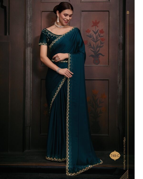 Wedding Wear Un-Stitched Pure Satin Georgette Bollywood Style Saree With Blouse