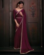 Wedding Wear Un-Stitched Pure Satin Georgette Bollywood Style Saree With Blouse