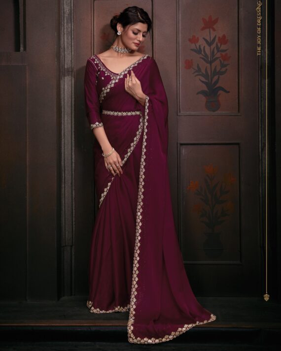 Wedding Wear Un-Stitched Pure Satin Georgette Bollywood Style Saree With Blouse
