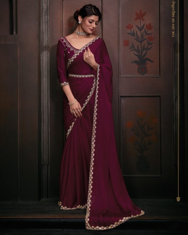 Wedding Wear Un-Stitched Pure Satin Georgette Bollywood Style Saree With Blouse