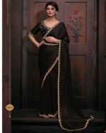 Wedding Wear Un-Stitched Pure Satin Georgette Bollywood Style Saree With Blouse