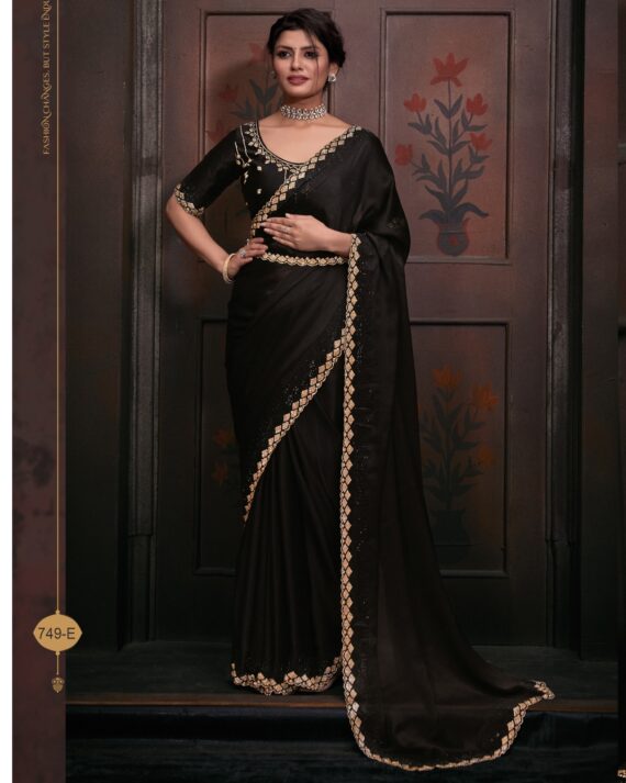 Wedding Wear Un-Stitched Pure Satin Georgette Bollywood Style Saree With Blouse