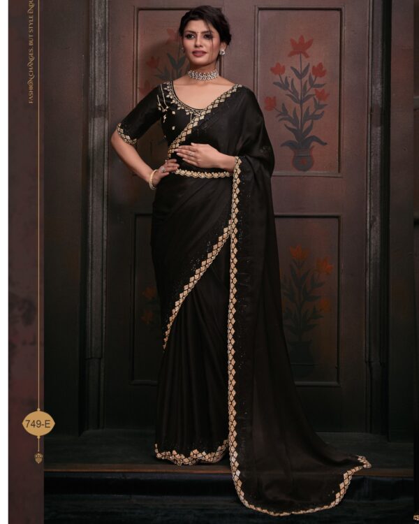 Wedding Wear Un-Stitched Pure Satin Georgette Bollywood Style Saree With Blouse
