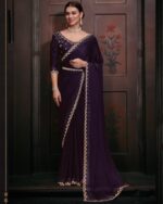 Wedding Wear Un-Stitched Pure Satin Georgette Bollywood Style Saree With Blouse