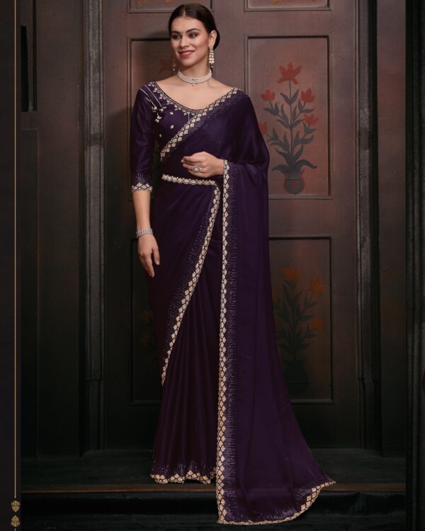 Wedding Wear Un-Stitched Pure Satin Georgette Bollywood Style Saree With Blouse