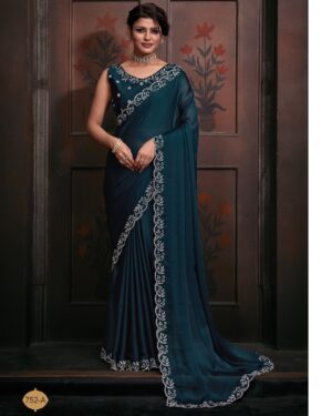 Traditional Collection Women's Wear Satin Georgette With Heavy Zircon Work Morpich Colour Saree With Blouse