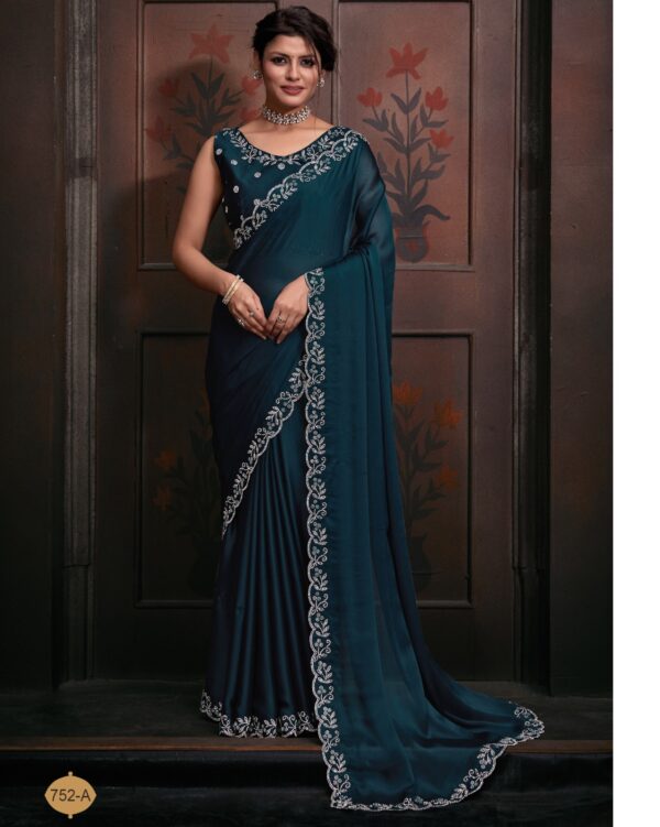 Traditional Collection Women's Wear Satin Georgette With Heavy Zircon Work Morpich Colour Saree With Blouse