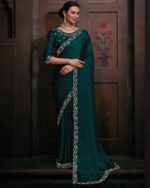 Traditional Collection Women's Wear Satin Georgette With Heavy Zircon Work Morpich Colour Saree With Blouse