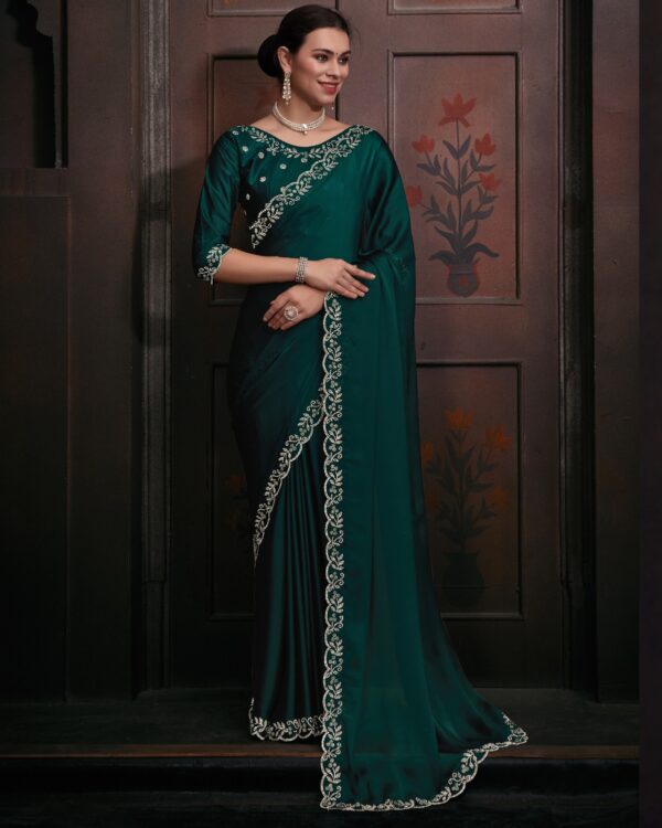 Traditional Collection Women's Wear Satin Georgette With Heavy Zircon Work Morpich Colour Saree With Blouse