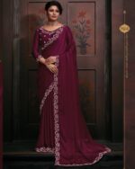 Traditional Collection Women's Wear Satin Georgette With Heavy Zircon Work Morpich Colour Saree With Blouse