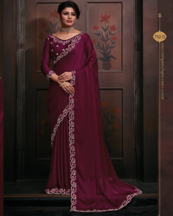 Traditional Collection Women's Wear Satin Georgette With Heavy Zircon Work Morpich Colour Saree With Blouse