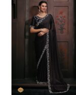 Traditional Collection Women's Wear Satin Georgette With Heavy Zircon Work Morpich Colour Saree With Blouse