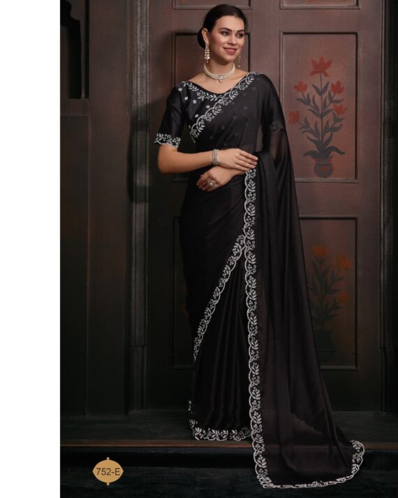Traditional Collection Women's Wear Satin Georgette With Heavy Zircon Work Morpich Colour Saree With Blouse