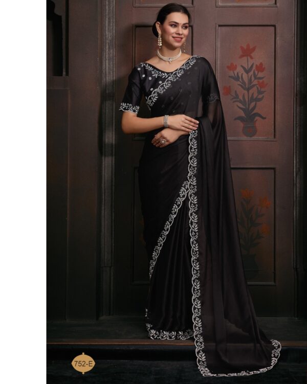 Traditional Collection Women's Wear Satin Georgette With Heavy Zircon Work Morpich Colour Saree With Blouse
