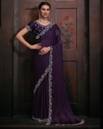 Traditional Collection Women's Wear Satin Georgette With Heavy Zircon Work Morpich Colour Saree With Blouse