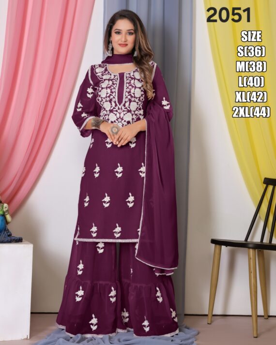 Ethnicrang Women's Bamberg Georgette With Cotton Stitched Embroidered Top-Sarara Set With Dupatta