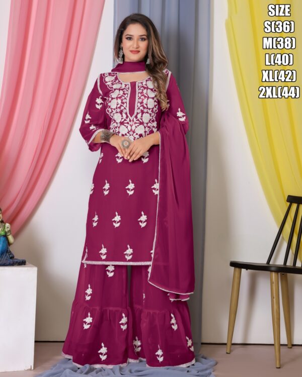 Ethnicrang Women's Bamberg Georgette With Cotton Stitched Embroidered Top-Sarara Set With Dupatta