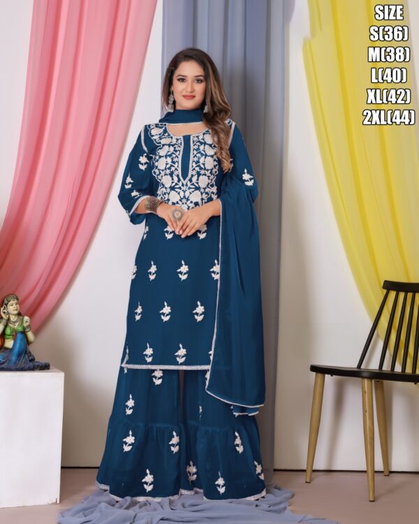 Ethnicrang Women's Bamberg Georgette With Cotton Stitched Embroidered Top-Sarara Set With Dupatta