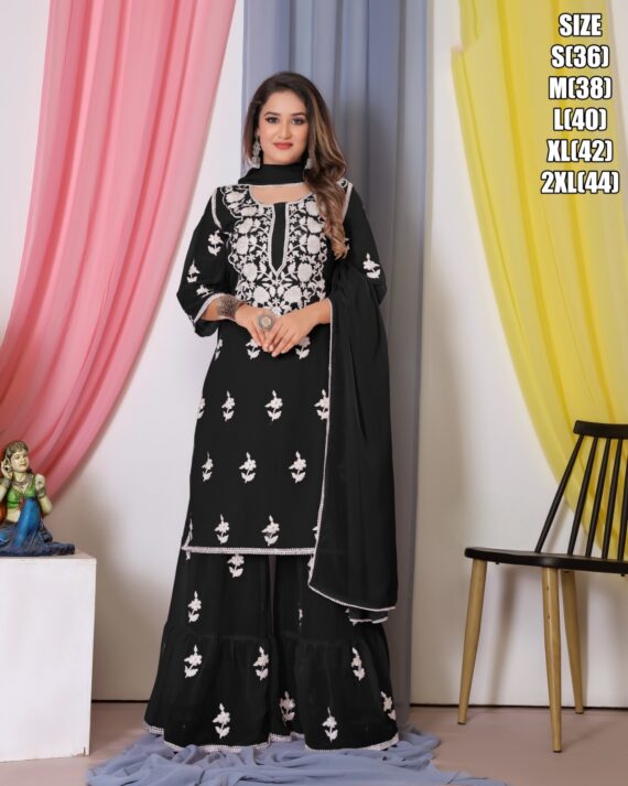 Ethnicrang Women's Bamberg Georgette With Cotton Stitched Embroidered Top-Sarara Set With Dupatta