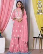 Ethnicrang Women's Bamberg Georgette With Cotton Stitched Embroidered Top-Sarara Set With Dupatta