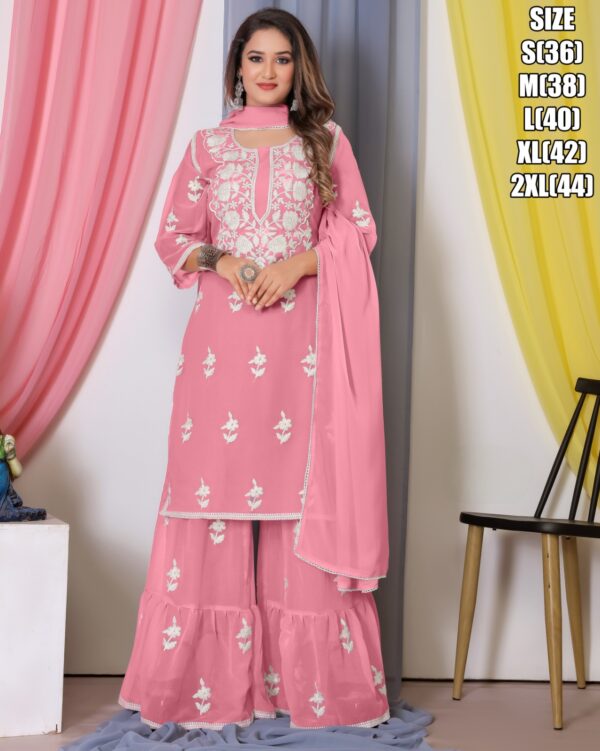 Ethnicrang Women's Bamberg Georgette With Cotton Stitched Embroidered Top-Sarara Set With Dupatta