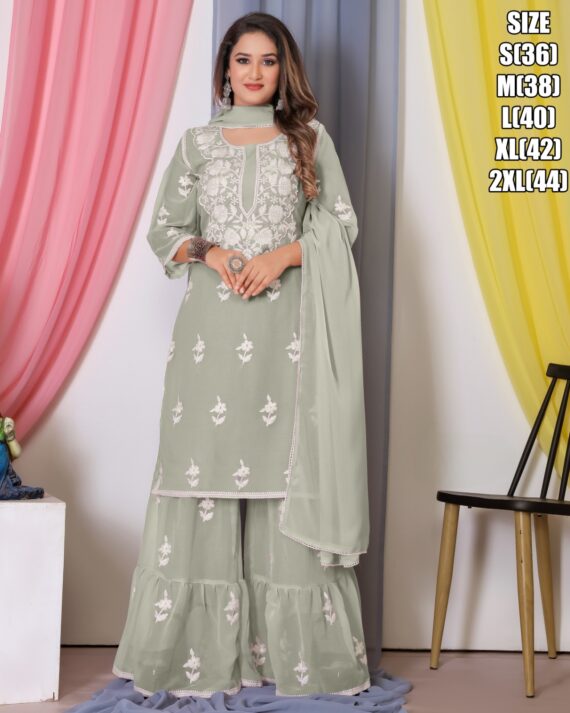 Ethnicrang Women's Bamberg Georgette With Cotton Stitched Embroidered Top-Sarara Set With Dupatta