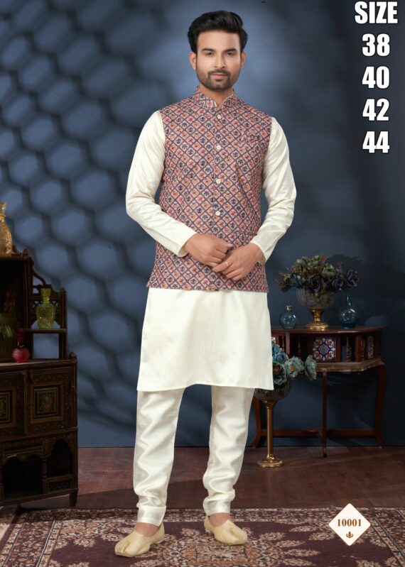 Men's Festive Wear Silk Mastani Kurta-Pajama With Lakhnowi And Sequence Work Koti