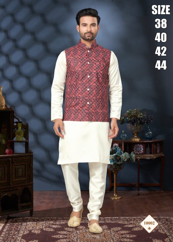 Men's Festive Wear Silk Mastani Kurta-Pajama With Lakhnowi And Sequence Work Koti