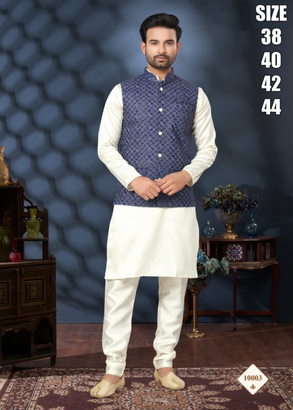 Men's Festive Wear Silk Mastani Kurta-Pajama With Lakhnowi And Sequence Work Koti