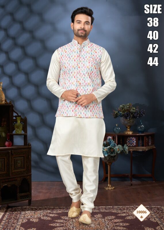 Men's Festive Wear Silk Mastani Kurta-Pajama With Lakhnowi And Sequence Work Koti