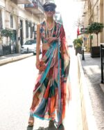 Unstitched Satin Georgette Sheer Fancy Digital Printed Party Wear Sarees For Women