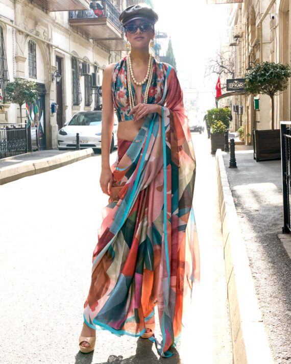 Unstitched Satin Georgette Sheer Fancy Digital Printed Party Wear Sarees For Women