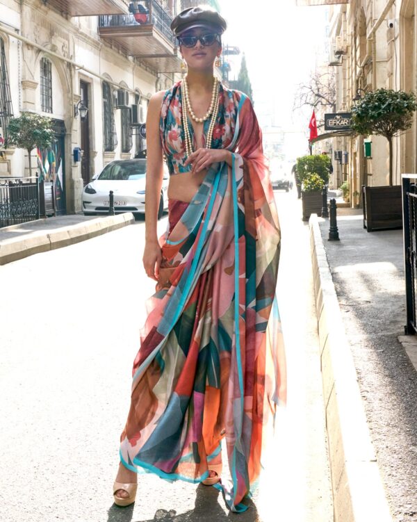 Unstitched Satin Georgette Sheer Fancy Digital Printed Party Wear Sarees For Women