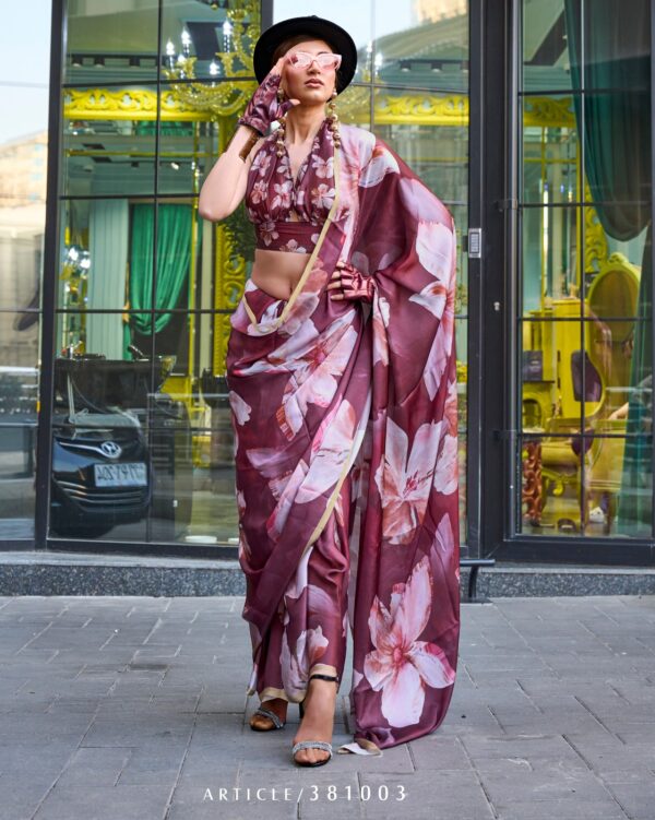 Unstitched Satin Georgette Sheer Fancy Digital Printed Party Wear Sarees For Women