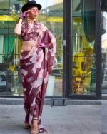 Unstitched Satin Georgette Sheer Fancy Digital Printed Party Wear Sarees For Women