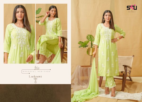 Designer Lucknowi Embroidered Work Rayon Straight Kurti With Pent Set, Ethnic Kurti Set For Women