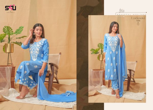 Designer Lucknowi Embroidered Work Rayon Straight Kurti With Pent Set, Ethnic Kurti Set For Women