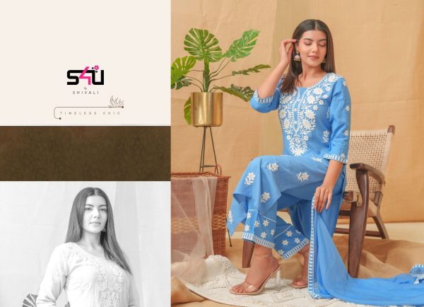 Designer Lucknowi Embroidered Work Rayon Straight Kurti With Pent Set, Ethnic Kurti Set For Women