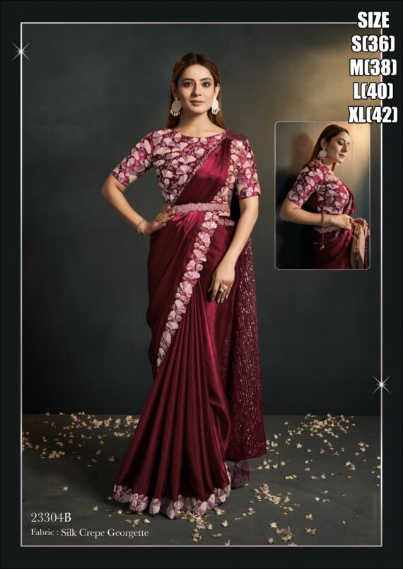 Heavy Saree Collections,Party Wear Silk Crepe Georgette Saree With Blouse For Ladies| Red Stitched Saree Blouse With Georgette Belt|