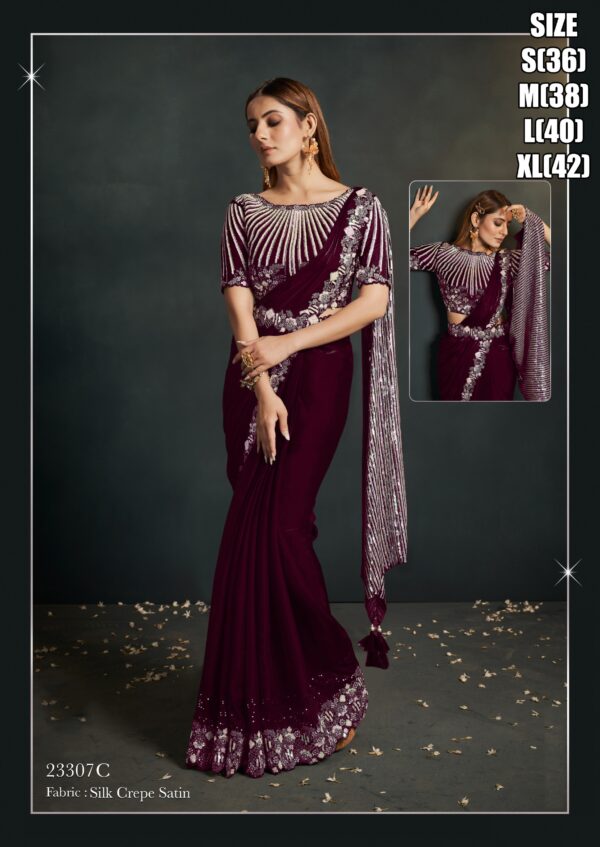 Women's Stitched Silk Crepe Satin Saree For Party| Heavy Wedding Collections Sarees For Girls|