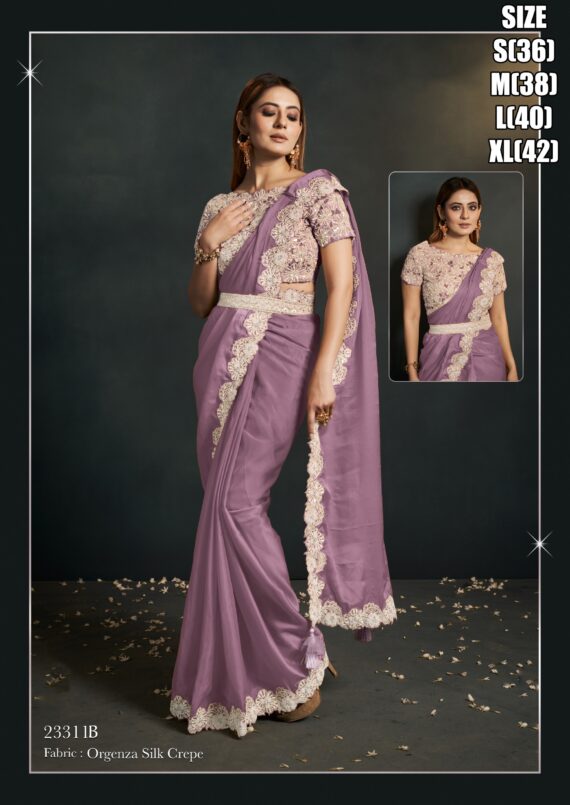 Lavender Colour Women's Party Wear Orgenza Silk Saree With Blouse, Beautiful Saree Collections For Wedding