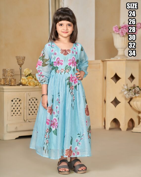 Any Ceremonies Kid's Wear Stitched Kota Checks Gowns, Latest Heavy Digital Printed Kid's Gown For Parties