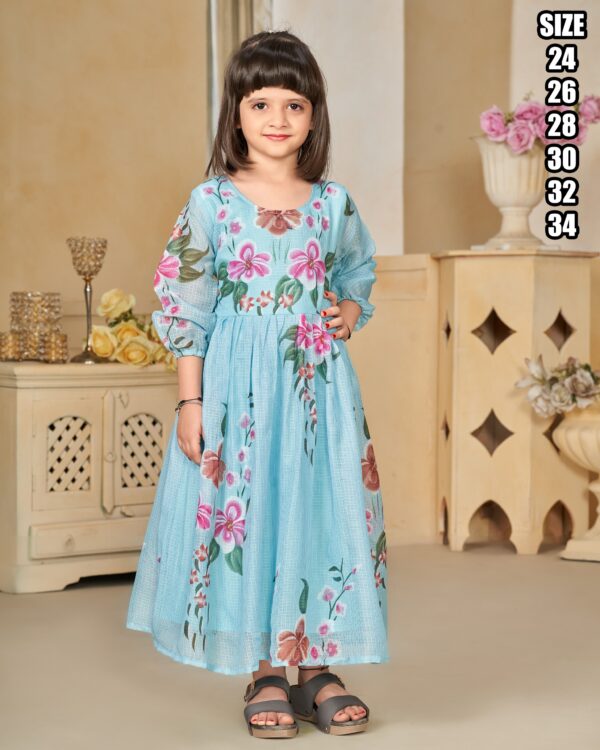 Any Ceremonies Kid's Wear Stitched Kota Checks Gowns, Latest Heavy Digital Printed Kid's Gown For Parties