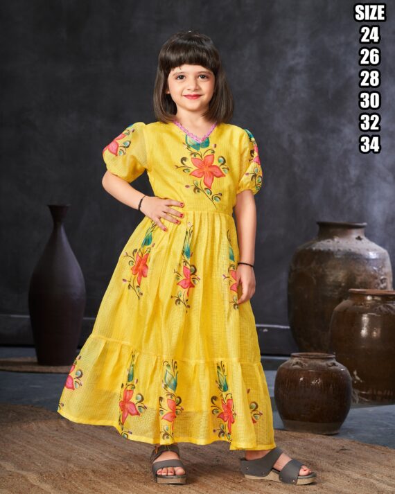 Any Ceremonies Kid's Wear Stitched Kota Checks Gowns, Latest Heavy Digital Printed Kid's Gown For Parties