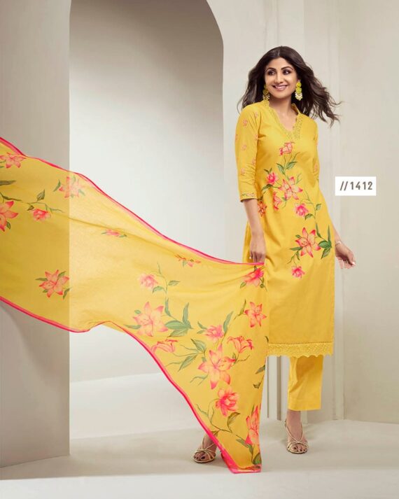 Festive Wear High-Quality Pure Cotton With Digital Print & Khatli Work Latest Kurti-Pent With Dupatta