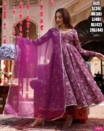 Three Piece Kurti Collections For Occasion, Stitched Maslin Silk Flaired Kurti-Pent With Dupatta For Women