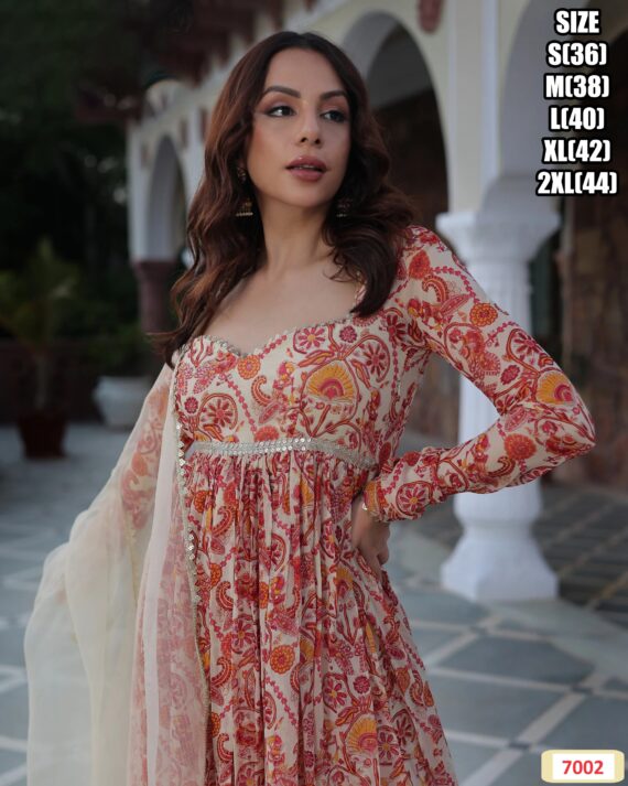 Three Piece Kurti Collections For Occasion, Stitched Maslin Silk Flaired Kurti-Pent With Dupatta For Women